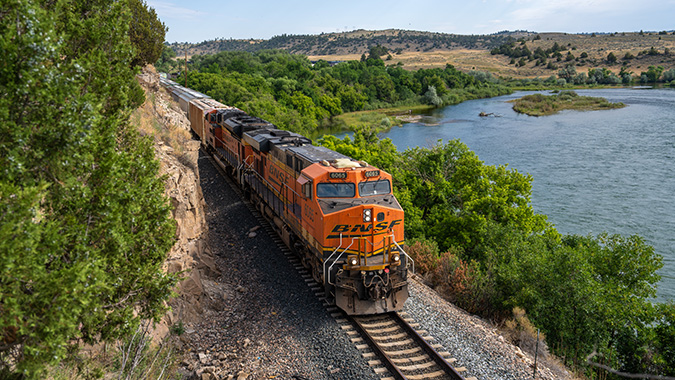 A BNSF grain train travels between Guernsey and Glendo, Wyoming A BNSF grain train travels between Guernsey and Glendo, Wyoming